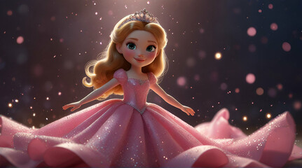 Cute cartoon princess in pink dress, surrounded by sparkles. A fairytale dream come true. Generative.AI