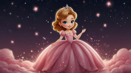 Cute cartoon princess in pink dress, surrounded by sparkles. A fairytale dream come true. Generative.AI