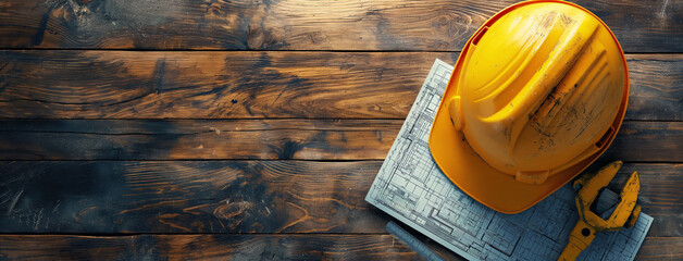 flat lay photo of a contractors table with yellow color safety helmet and construction drawing blueprint on a timber table 
