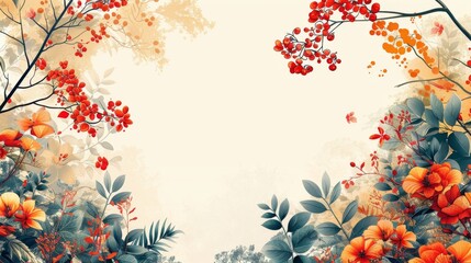 This background template features tropical line arts, floral and leaves in warm earth tones.