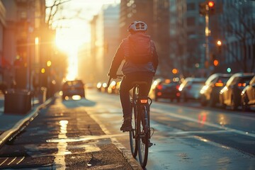A solitary cyclist takes to the glistening streets at dawn, with the sun casting a golden glow over the urban landscape and signaling the start of a new day. AI Generated