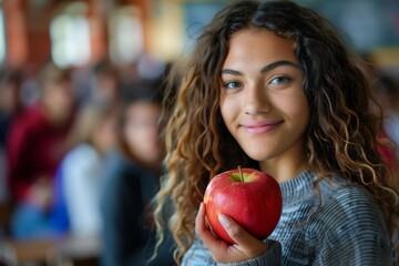 A teenager holds a red apple, symbolizing healthy eating, while attending a school nutrition class. AI
