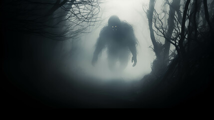 Strange shadows in the dense fog Around the rural village, shadows of demons. - obrazy, fototapety, plakaty