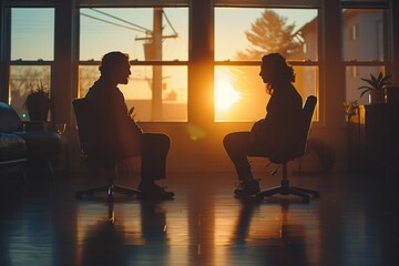 Two people in a therapy session, silhouetted against the golden light of sunset, in a spacious room emphasizing mental wellness AI Generated.