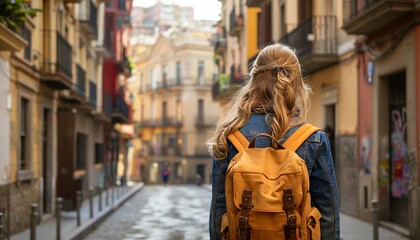 Solo female traveler exploring old town streets in spain on vacation, holiday, and trip - obrazy, fototapety, plakaty