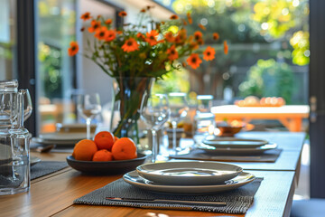 An elegant table setting with subtle autumnal touches and warm natural lighting. AI Generated.