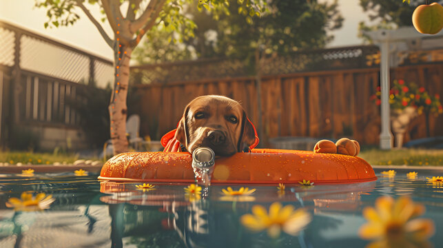 A dog with a bandana is chilling in a backyard plastic pool. wearing a life jacket and drinking water from a steel tumbler on the edge of it. The dog has floppy ears that hang down