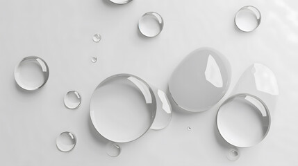 An artistic array of pure water droplets of various sizes on a reflective glossy surface, evoking a sense of freshness and purity. 