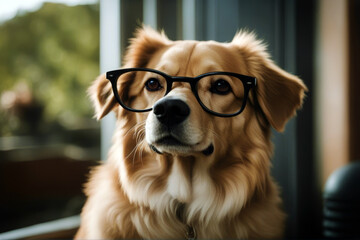 Looking Clever Dog Glasses hound cute brown canino teacher animal labrador intelligent pet black retriever adorable laboratory - obrazy, fototapety, plakaty