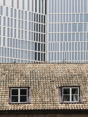 Contrast Between Historical and Modern Architecture in Malmö, Sweden on a Cloudy Day