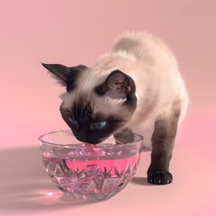 Curious Siamese Cat Sipping Water from Crystal Bowl in Pastel Studio