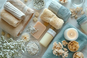 Obraz na płótnie Canvas A top-view of an at-home spa day with lush towels and self-care products. AI Generated