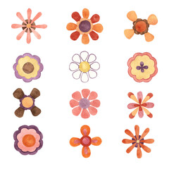 Retro flowers in minimalistic abstract 70s style. Hippie boho indie clipart. Watercolor groovy...