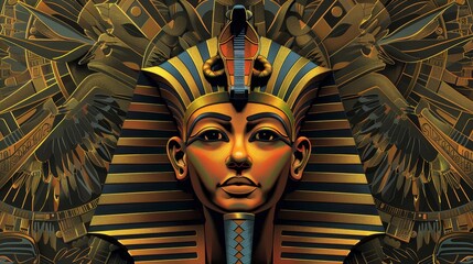 Golden Pharaoh Illustration with Hieroglyphics Background - obrazy, fototapety, plakaty