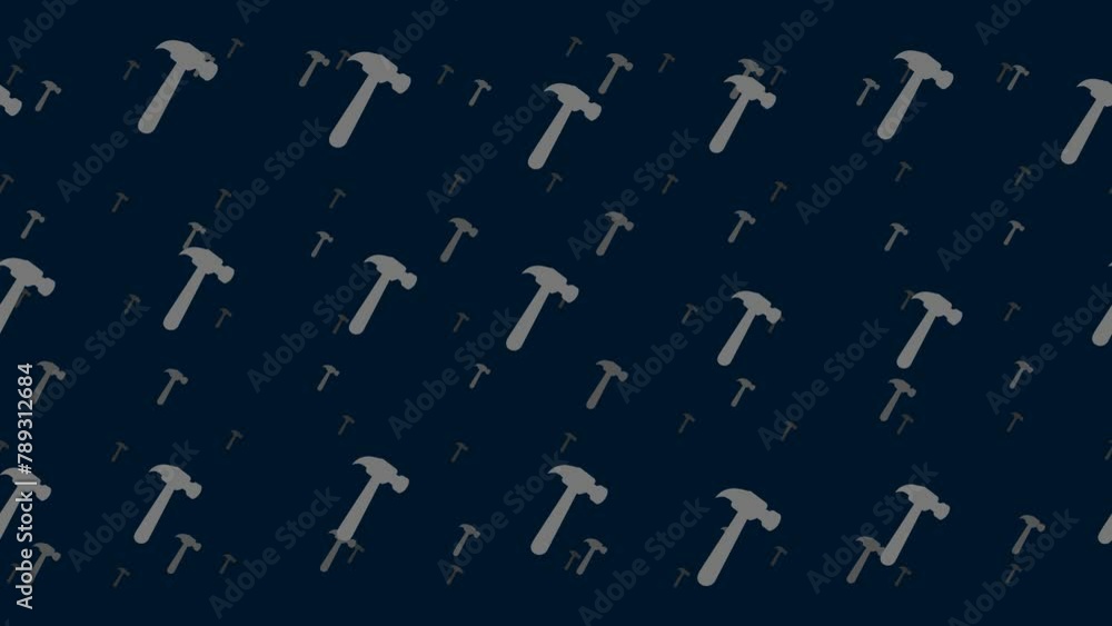 Poster hammer symbols float horizontally from left to right. parallax fly effect. floating symbols are loca