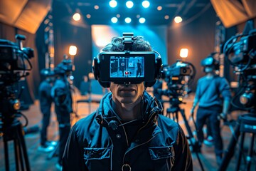 Poised before an array of cameras, a VR filmmaker stands at the forefront of an immersive narrative revolution. - AI Generated