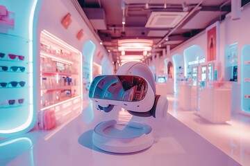 Sleek VR headsets on display in a high-tech, illuminated virtual retail environment. - AI Generated