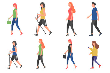 Walking people. People on the street in different activity situations - dog walking, running, relaxing. Humans strolling with smartphones. Various characters outdoors physical activity.
