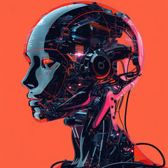 background for presentations of digital products, the head of a glass cyborg robot in profile in black on a red background