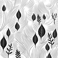 Seamless pattern with leaves. Black and white vector illustration.