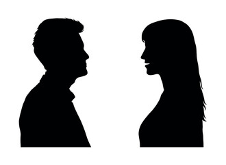 Young man and young woman facing each others black silhouette.