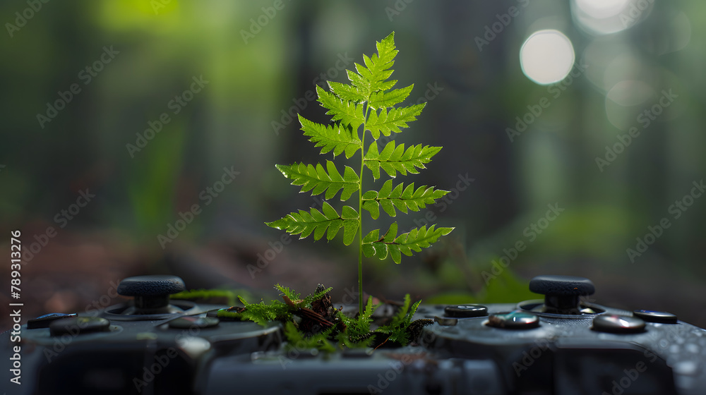 Poster a fern frond is emerging from a game controller. symbolizing the integration of gaming technology an
