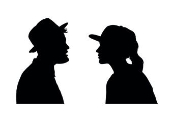 Couple wearing hats staring facing each other and talking black silhouette.