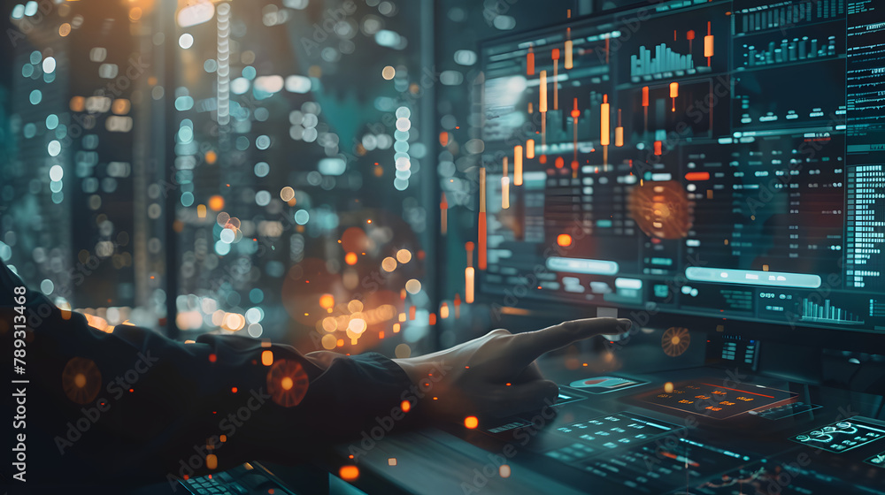 Poster A financial analyst is using an AI-integrated online platform to pull insights from various financial databases. like stock market tickers and portfolio icons hovering around the desktop screen.
