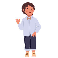 A cute little boy singing a song. The character of the little boy singing. Singing in choir, vocal talents, music school. Flat vector illustration on white background