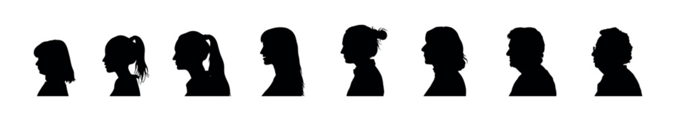 Female human life cycle from child to elderly life stages face side view portrait silhouette collection.