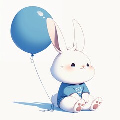 Cute bunny boy concept. Beautiful rabbit in blue t shirt sits with blue balloon. Design element for printing on fabric or baby shower Cartoon illustration