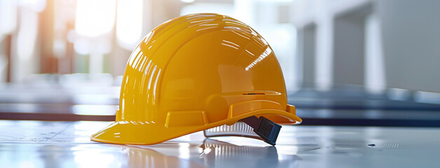 Side view photo of a contractors table with yellow color safety helmet and construction drawing blueprint on a table 