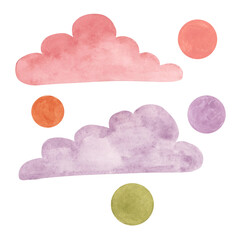 Pink and purple clouds with dots. Pastel round shapes clipart. Hand drawn dreamy watercolor retro...