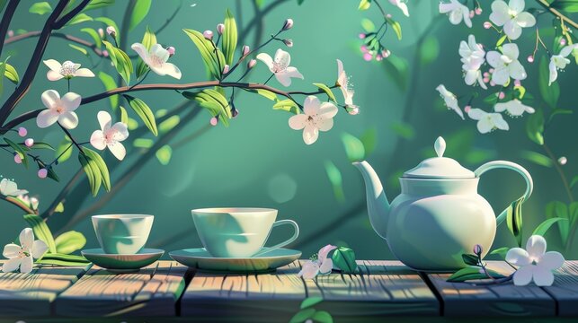 Serene Tea Setting with Spring Blossoms
