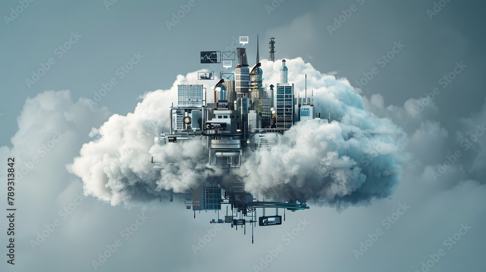 Poster a floating cloud with various technological devices emerging from it. symbolizing global technology.
