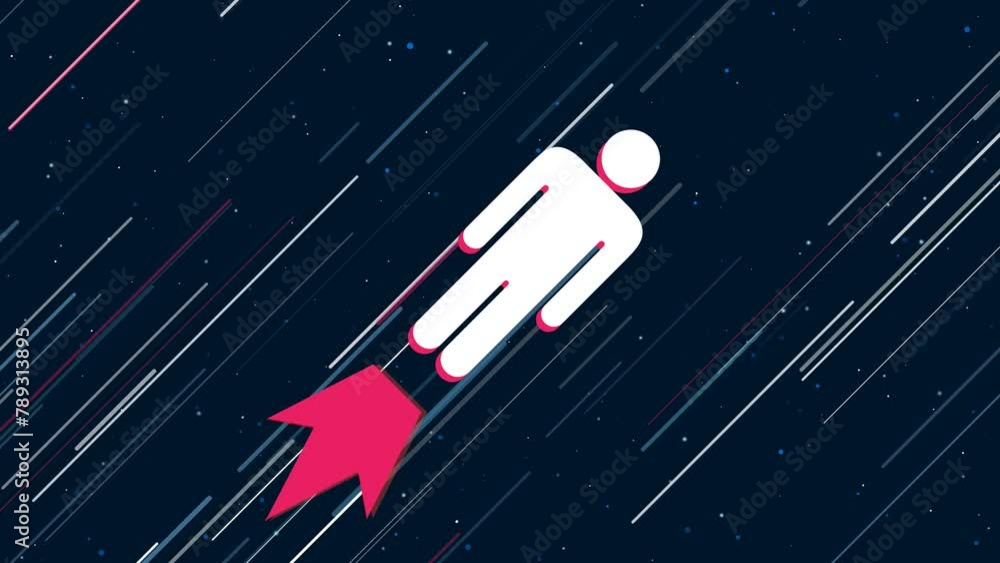 Poster man symbol flies through the universe on a jet propulsion. the symbol in the center is shaking due t