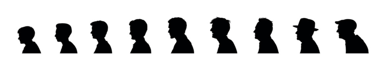Male human life cycle from child to elderly life stages face side view portrait silhouette collection