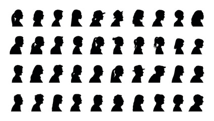 Human face portrait side view silhouettes set collection. Man and woman side face avatar profile different age and generation black silhouette.	