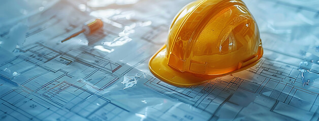 Side view photo of a contractors table with yellow color safety helmet and construction drawing blueprint on a table 