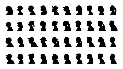Human faces side view head and shoulders portrait silhouettes set collection.