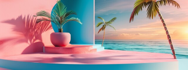 Fototapeta premium summer 3D background. summer minimal modern concept, bright background with palm trees. copy space