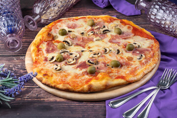 Pizza: Italian favorite with thin crust, tomato sauce, cheese, and toppings like pepperoni, mushrooms. Baked to perfection for a satisfying meal.