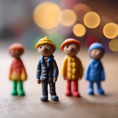 People molded from plasticine stand and look on a blurred cheerful background