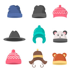 Collection of winter or autumn hats in flat style. Knitted hat, caps for girls and boys in cold weather isolated on white background. Web page design element icon. Vector illustration