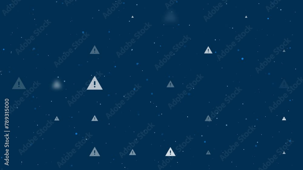 Poster template animation of evenly spaced warning symbols of different sizes and opacity. animation of tra