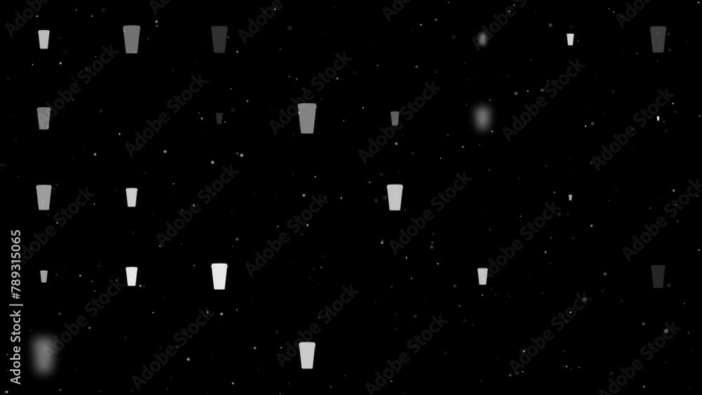Poster template animation of evenly spaced paper coffee cups of different sizes and opacity. animation of t