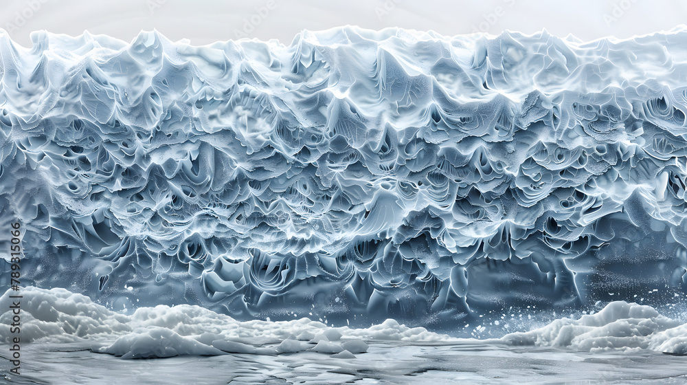 Poster a giant glacier resting in the arctic. with most of its mass buried under snow and only a small port