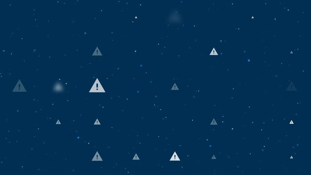 Template animation of evenly spaced warning symbols of different sizes and opacity. Animation of transparency and size. Seamless looped 4k animation on dark blue background with stars