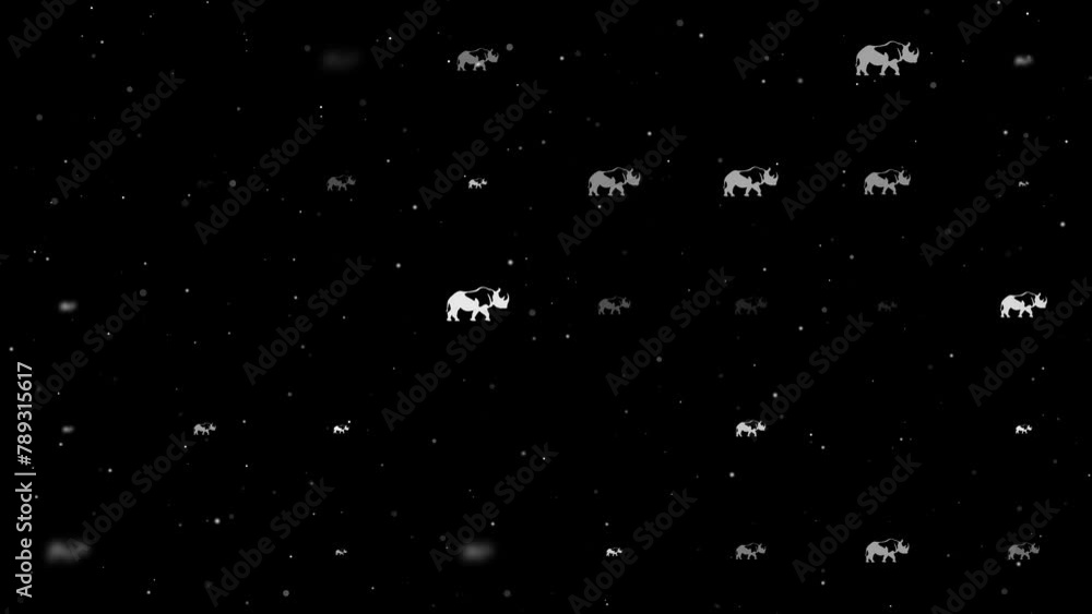 Poster template animation of evenly spaced rhinoceros symbols of different sizes and opacity. animation of 