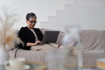 In her living room, a mature woman sits comfortably on the sofa, using her laptop for wireless...